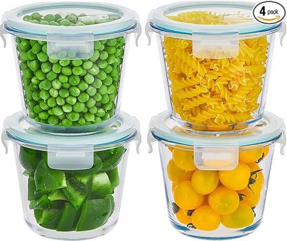 8 PCS Glass Meal Prep Containers with Lids, Airtight 3 Cup Glass Storage Containers Set, Round Deep Soup Containers with Lids for Leftover, Microwave, Dishwasher, and Freezer Safe(4 Sets)