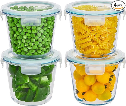 8 PCS Glass Meal Prep Containers with Lids, Airtight 3 Cup Glass Storage Containers Set, Round Deep Soup Containers with Lids for Leftover, Microwave, Dishwasher, and Freezer Safe(4 Sets)
