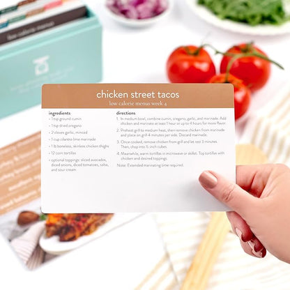 Meal Planner 72 Recipe Cards (Low Calorie Menu Pack - Photo Edition) - Weekly Menu Planner | Sturdy Recipe Box | 12 Reusable Grocery Lists | 5 Blank Recipe Cards | Recipe Card Protector | Recipe Ideas