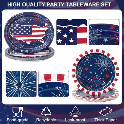Dereinwo 100 PCS Patriotic Paper Plates and Napkins | Bundle Includes Paper Oval Dinner Plates Dessert Plate and Napkins for 4th of July Independence Day Party Supplies