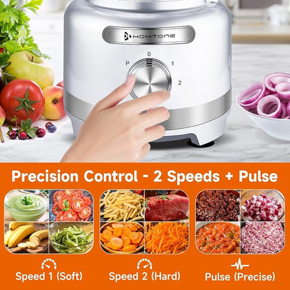 Homtone 16 Cups Food Processor, Large Food Chopper with French Fry Cutter, 9 Functions 7 Blades for Shredding, Slicing, Doughing for Home Use, 3 Speeds, 600W