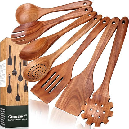 7 Pcs Teak Wood Kitchen Utensils Set Non Toxic BPA Free Cooking Tools with Spatula, Slotted Spatulas, Wooden Skimmer Spoons, Pasta Spoon, Mixing, Salad Fork & Spoons for Nonstick Cookware