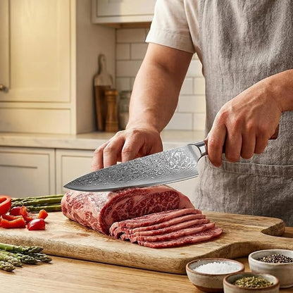 8 Inch Chef Knife – Japanese VG10 Steel Core 67-Layer Damascus, Wood Handle and Premium Gift Box, Full Tang Gyuto Knife, Fathers Day, Unique Gifts for Men & Women