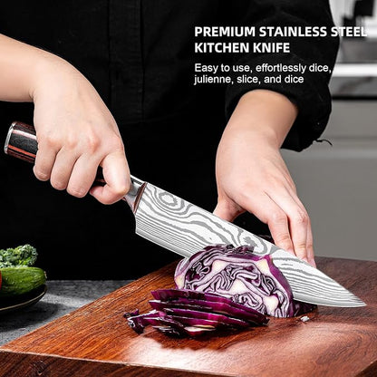 Chef Knife Professional Japanese AUS-10 Steel Core Kitchen Knife with Damascus Pattern, Razor Sharp 8 Inch Chefs Knife with Full-Tang Ergonomic Handle - Ideal for Home Cooks & Professional Chefs
