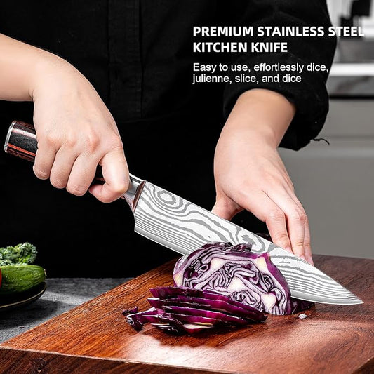 Chef Knife Professional Japanese AUS-10 Steel Core Kitchen Knife with Damascus Pattern, Razor Sharp 8 Inch Chefs Knife with Full-Tang Ergonomic Handle - Ideal for Home Cooks & Professional Chefs