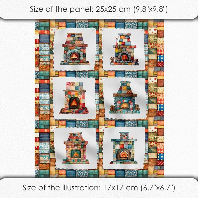 Patchwork Fireplace Cotton Fabric Panel – 6 Designs (10×10 inch Each) + Bonus Sheet 29.5×19.6 inch, 100% Cotton 140 GSM, Made in Türkiye