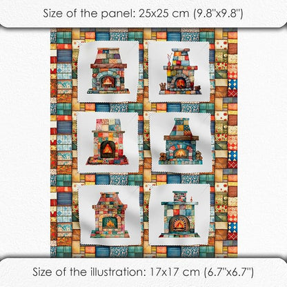 Patchwork Fireplace Cotton Fabric Panel – 6 Designs (10×10 inch Each) + Bonus Sheet 29.5×19.6 inch, 100% Cotton 140 GSM, Made in Türkiye