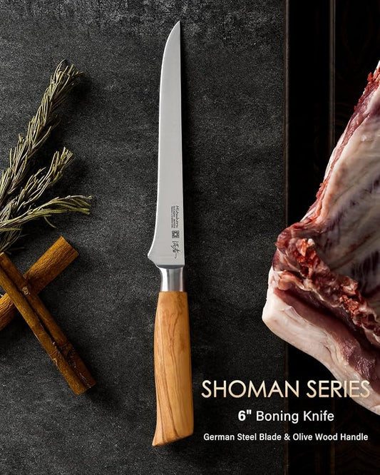 Mitsuharu 6" Fillet Knife for Meat Cutting, SHOMAN Series Sharp Boning Knife with Olive Wood Handle, German Steel Fillet Knife, Super Sharp for Lamb Pork Shoulder Fish