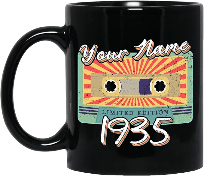 Personalized Vintage Cassette Tape Vintage 1935 Mug, Custom Your Name, 1935 Retro Coffee Mug, 87th Birthday Present Gifts, 1935 Birthday Gift For Friends Family, Customizable Black Tea Cups
