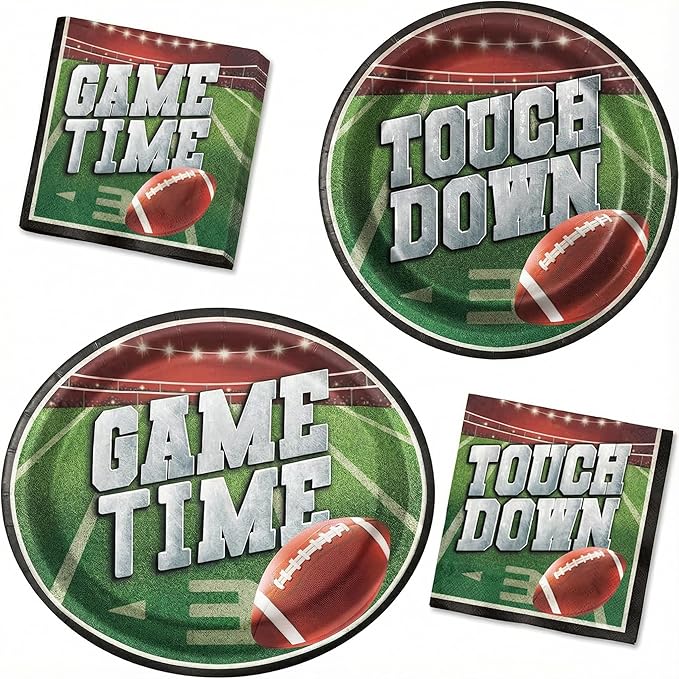 Dereinwo 100 PCS Football Party Paper Plates and Napkins | Bundle Includes Paper Oval Dinner Plates Dessert Plates and Napkins for Football Party Supplies