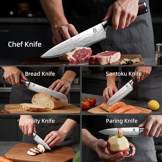 Kitchen Knife Set, Chef Knife, Utility Knife & Paring Knife for Precise Cutting, High Carbon Stainless Steel Professional Chef Knife Set with Wooden Handle, Ultra Sharp Blade (5-Piece)