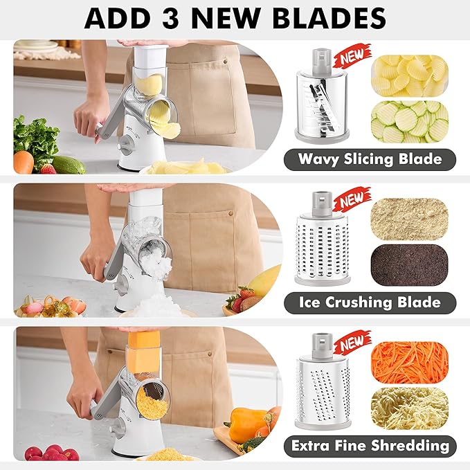 GDL Cheese Grater Hand Crank - Upgraded 6-in-1 Cheese Grater with Handle and Strong Suction Base, Multi-purpose Cheese Shredder Vegetable Slicer Ice Shaver for Potato, Vegetables, Nuts, Chocolate