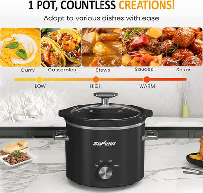 Sunvivi 2 Quart Slow Cooker, Small Slow Cooker with Removable Ceramic Pot, Food Warmer with 3 Heating Settings & Dishwasher Safe Glass Lid, Black