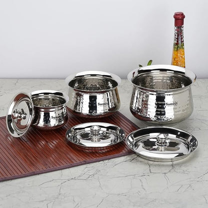 Sumeet Stainless Steel Handcrafted Hammered Texture Handi Set with Lid for Kitchen, Set of 3, 460ml, 950ml & 1700ml, Silver