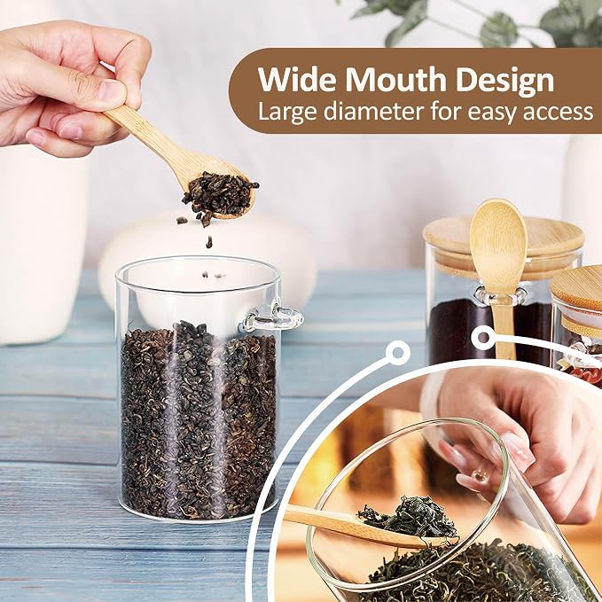 2 Pack Glass Storage Canister with with Airtight Lid, 15 oz/450 ml Small Clear Decorative Container Jar with Wooden Spoon for Coffee Spice Candy Salt Cookie Sugar Matcha Tea Overnight Oats