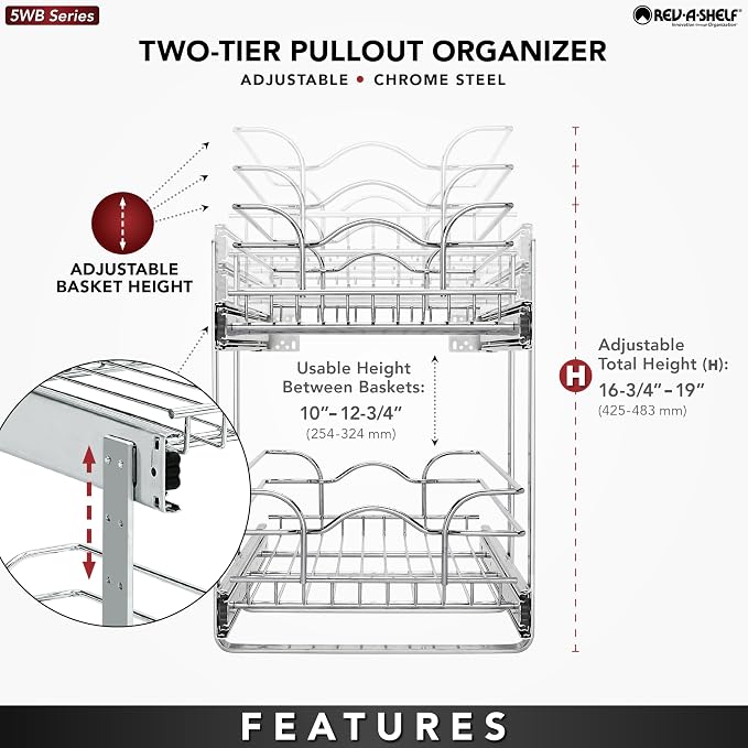 Rev-A-Shelf 2-Tier Pullout Shelf and Drawer Organizer for Kitchen Cabinets, Slide Out Storage Basket, Min Opening Width of 11.5", 12" x 22", 5WB2-1222CR-1
