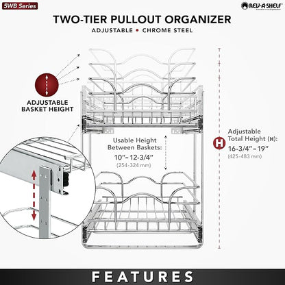 Rev-A-Shelf 2-Tier Pullout Shelf and Drawer Organizer for Kitchen Cabinets, Slide Out Storage Basket, Min Opening Width of 11.5", 12" x 22", 5WB2-1222CR-1