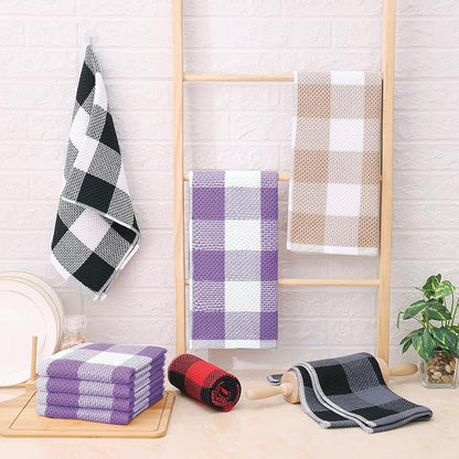 Homaxy 100% Cotton Waffle Weave Check Plaid Kitchen Towels, 13 x 28 Inches, Super Soft and Absorbent Dish Towels for Drying Dishes, 4-Pack, White & Purple