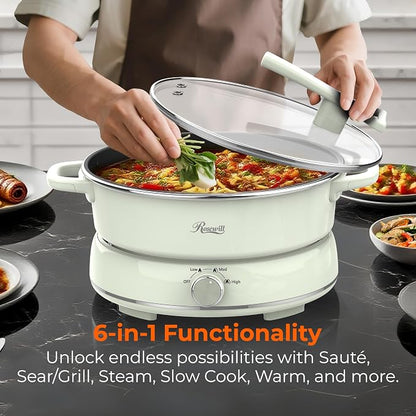 Rosewill 12.7 QT Electric Hot Pot Slow Cooker with Multiple Functions, Split Design with 11.8 inch Wider Cooking Pot and SUS Steam Basket, 1600W High Power, Includes Utensils - Light Green