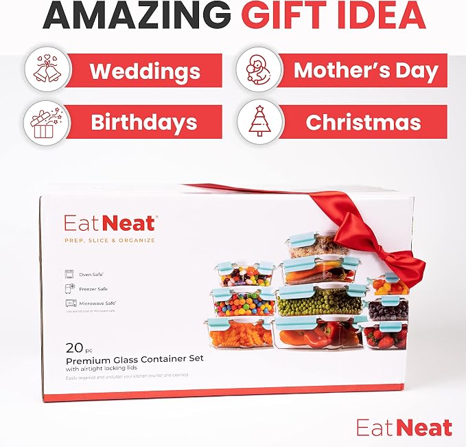 EatNeat Glass Food Storage Containers with Airtight Locking Lids – Durable & Sleek – Oven-to-Table, Microwave, Freezer & Dishwasher Safe – Includes Large, Medium & Small Sizes – Giftable 10-Pack Set