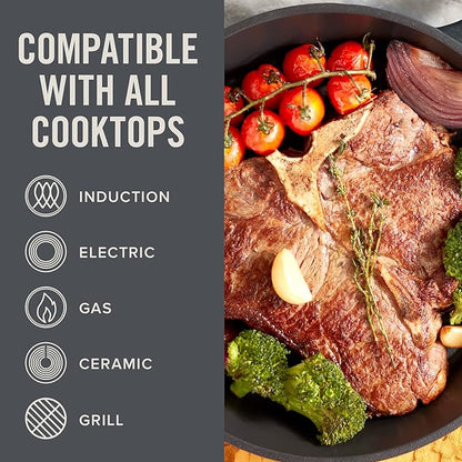 DASH Zakarian x Nonstick Cast Iron Skillet - Versatile Frying Pan Cookware - Oven-Safe Searing Skillet with Pour Spout and Quick-Clean Surface - Rust-Resistant - Black, 7.5-Inch