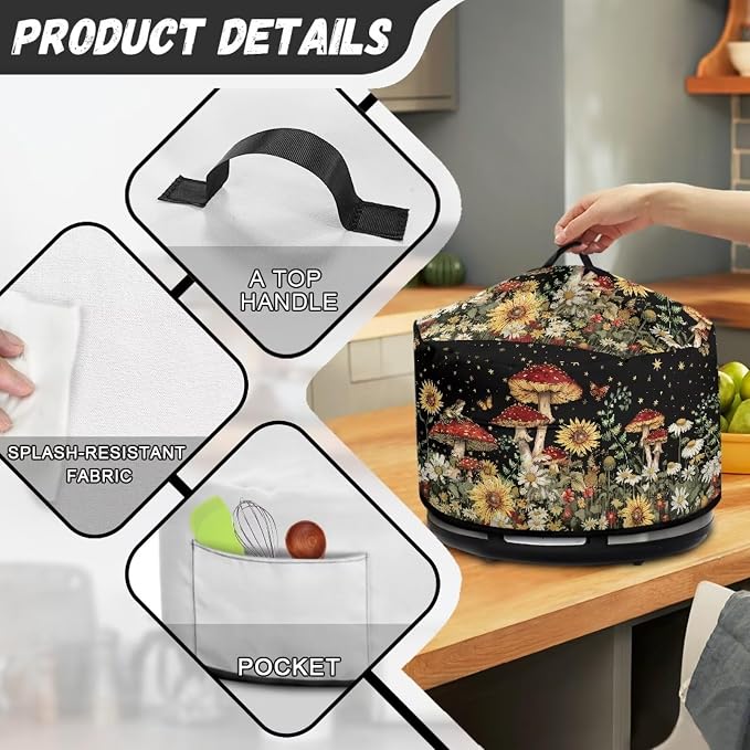 Daisies Mushrooms Slow Cooker Dust Cover Crock for Pot Cover Fits 6-8 qt Oval Slow Cooker Sunflowers Small Appliance Protection Cover Kitchen Accessories Decor