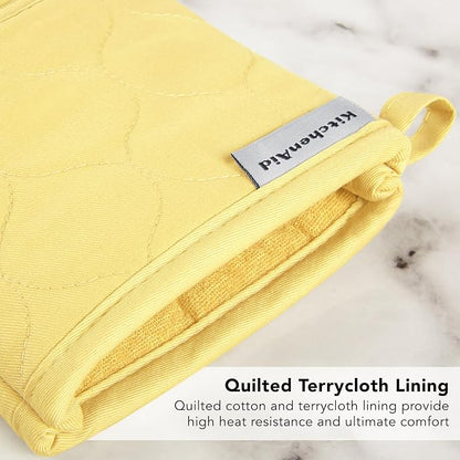 KITCHENAID Quilted Cotton Terry Cloth Oven Mitt, Pot Holder, Kitchen Towel 4-Pack Set, Heat Resistant, Silicone Grip, 16"x26", 7"x13" & 7"x10", Butter Yellow