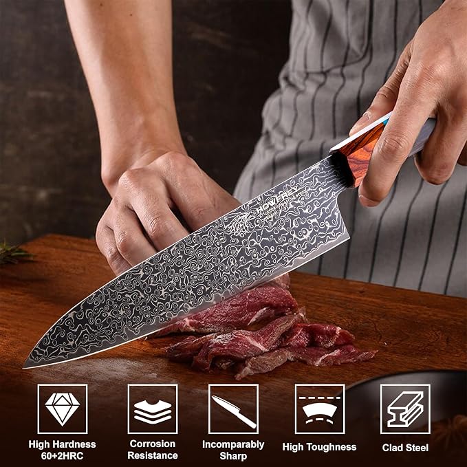 Damascus Chef Knife, 8 Inch 67-Layer Japanese Kitchen Knives Sharp High Carbon Stainless Steel with Ergonomic Pakkawood Handles, Elegant Gift Box Packaging for Home and Kitchen Birthday Dad Mom Gift