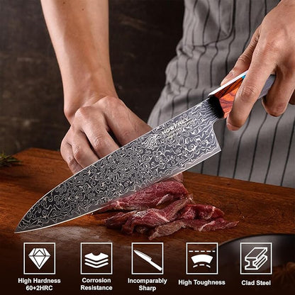 Damascus Chef Knife, 8 Inch 67-Layer Japanese Kitchen Knives Sharp High Carbon Stainless Steel with Ergonomic Pakkawood Handles, Elegant Gift Box Packaging for Home and Kitchen Birthday Dad Mom Gift