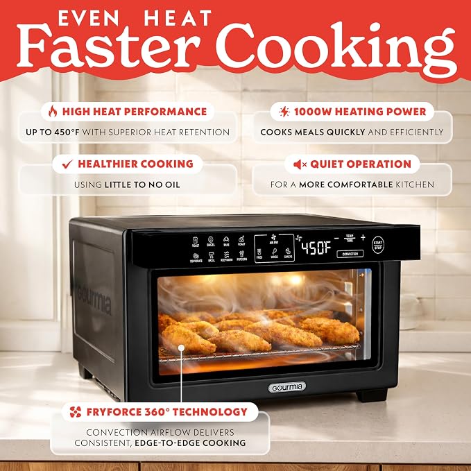 Gourmia Toaster Oven Digital Air Fryer - Convection Mode with 4 Slice Capacity, 3 Rack Positions, 12 Presets, Toast, Bagel, Bake, Roast, Broil, Dehydrate, Popcorn, Fits 9" Pizza, Black