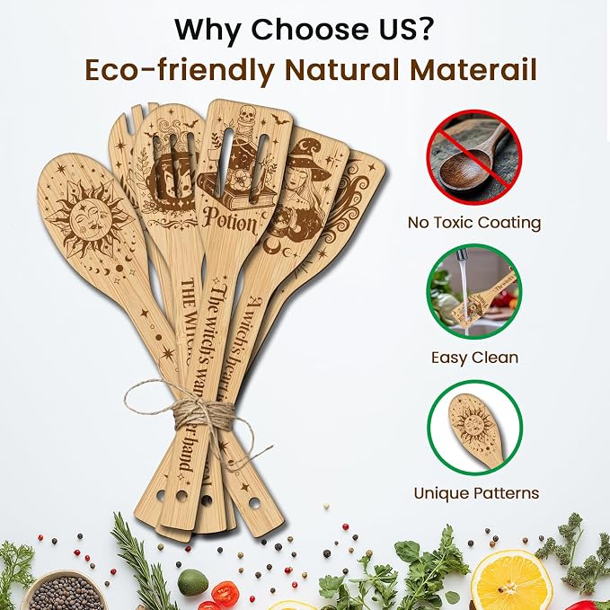 CUTHOLLOW 6PCS Magic Witch and Broom Wooden Kitchen Cooking Utensil Set, 11.9in Non Toxic Bamboo Wood Spoon Set for Cooking, Best Housewarming Birthday Thanksgiving Christmas Gift for Women Mother