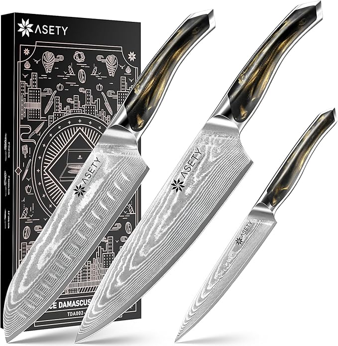 ASETY Damascus Knife Set 3 PCS: Ultra-Sharp Professional Chef Knife Set, Japanese Kitchen Knives with VG10 Steel Core, Full Tang Resin Handle, Elegant Box for Men Women, Fathers day