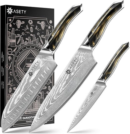 ASETY Damascus Knife Set 3 PCS: Ultra-Sharp Professional Chef Knife Set, Japanese Kitchen Knives with VG10 Steel Core, Full Tang Resin Handle, Elegant Box for Men Women, Fathers day