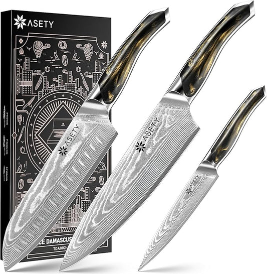 ASETY Damascus Knife Set 3 PCS: Ultra-Sharp Professional Chef Knife Set, Japanese Kitchen Knives with VG10 Steel Core, Full Tang Resin Handle, Elegant Box for Men Women, Fathers day