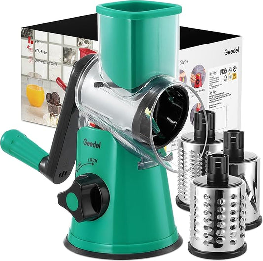 Geedel Rotary Cheese Grater, Kitchen Mandoline Vegetable Slicer with 3 Interchangeable Blades, Easy to Clean Rotary Grater Slicer for Cheese, Vegetables, Nuts