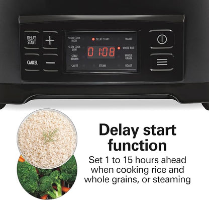 Hamilton Beach 6 Quart 9-in-1 Programmable Slow Cooker with Sear, Browning, Rice, Steam, Sauté, Roast Delay Start & Keep Warm Functions, Nonstick PFAS-Free Dishwasher Safe Crock, Black (33604)