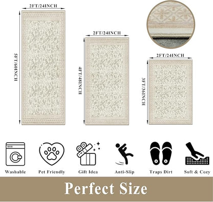 Kitchen Rug Sets 3 Piece, Washable Non-Slip Farmhouse Kitchen Mats for Hardwood Floor, Rustic Floral Boho Runner Rug for Sink,Entryway & Hallway & Bathroom (Beige/Floral,2x3-2x4-2x5)
