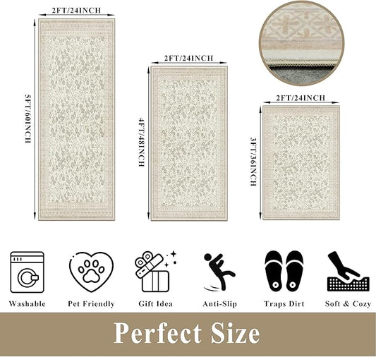 Kitchen Rug Sets 3 Piece, Washable Non-Slip Farmhouse Kitchen Mats for Hardwood Floor, Rustic Floral Boho Runner Rug for Sink,Entryway & Hallway & Bathroom (Beige/Floral,2x3-2x4-2x5)