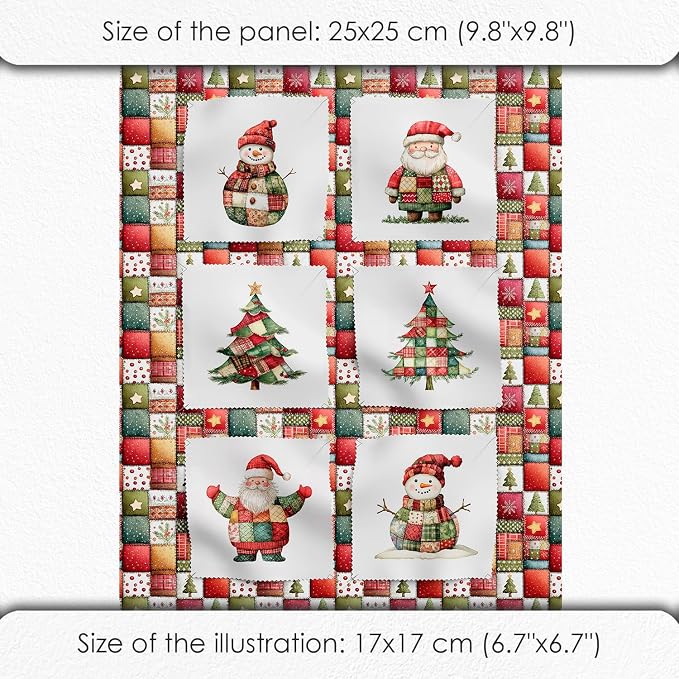 Christmas Patchwork Cotton Fabric Panel – 6 Designs (10×10 inch Each) + Bonus Patchwork Sheet 29.5×19.6 inch, 100% Cotton 140 GSM