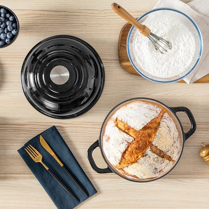 Velaze Enameled Cast Iron Dutch Oven for Bread Baking,5 QT Bread Oven Pot with Dome Lid for Crispy Artisan Bread & Bakery-Style Homemade Loaves(Black)