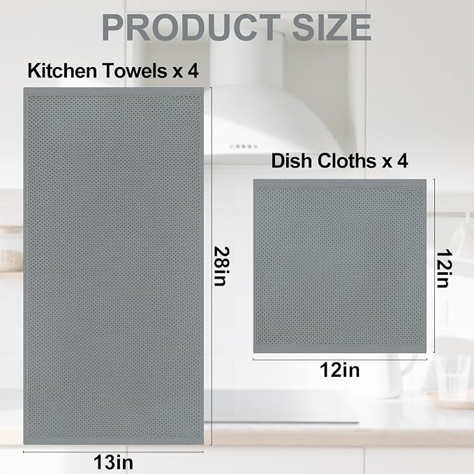 Homaxy 100% Cotton Kitchen Towels and Dishcloths Set, 12 x 12 Inches and 13 x 28 Inches, Set of 8 Bulk Kitchen Towels Set, Ultra Soft Absorbent Dish Cloths for Washing Dishes, Grey/Beige/Blue/Brown