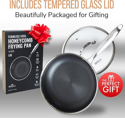 12 Inch Stainless Steel Frying Pan with Lid - Honeycomb Nonstick Skillet - PFOA-Free - Induction Compatible - Oven Safe to 450°F - Dishwasher Safe