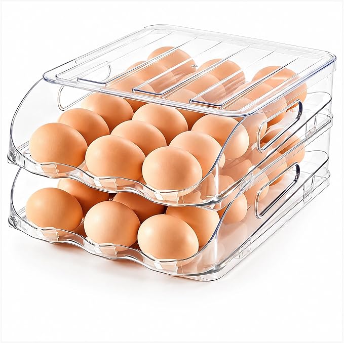 SMRCAD Egg Holder for Fridge, Automatic Steady Rolling Egg Container with Soft Bumpers & Handle for Refrigerator, Stackable Fridge Organizers and Storage with Lid