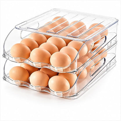SMRCAD Egg Holder for Fridge, Automatic Steady Rolling Egg Container with Soft Bumpers & Handle for Refrigerator, Stackable Fridge Organizers and Storage with Lid