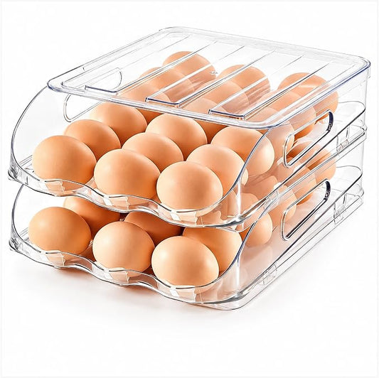 SMRCAD Egg Holder for Fridge, Automatic Steady Rolling Egg Container with Soft Bumpers & Handle for Refrigerator, Stackable Fridge Organizers and Storage with Lid
