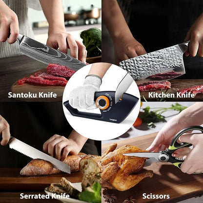 Longzon 6-in-1 Knife Sharpener 5 Stage with Cut-Resistant Glove, Manual Kitchen Tool for Straight & Serrated Knives, Quickly Sharpens Restores & Polishes Dull Blades Safe for Home Kitchen, Navy+Orange