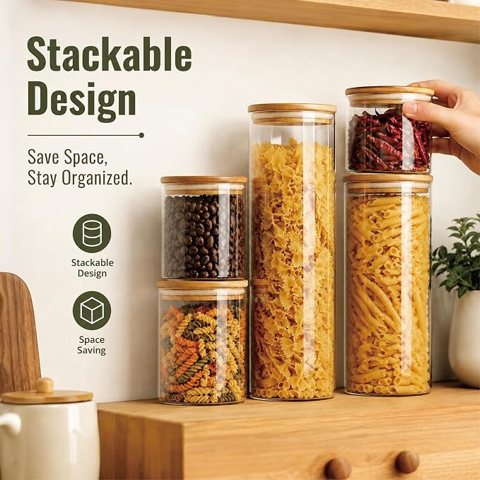 3 Pack 2300 ML / 80 FL Oz Glass Storage Container with Wood Lid, Stackable Clear Decorative Organizer Bottle Canister Pantry Jar with Air Tight Wooden Lid for or Pasta, Spaghetti, Noodles, Food, Coffe