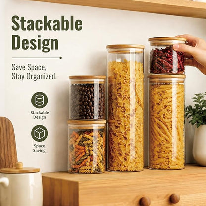 3 Pack 2300 ML / 80 FL Oz Glass Storage Container with Wood Lid, Stackable Clear Decorative Organizer Bottle Canister Pantry Jar with Air Tight Wooden Lid for or Pasta, Spaghetti, Noodles, Food, Coffe