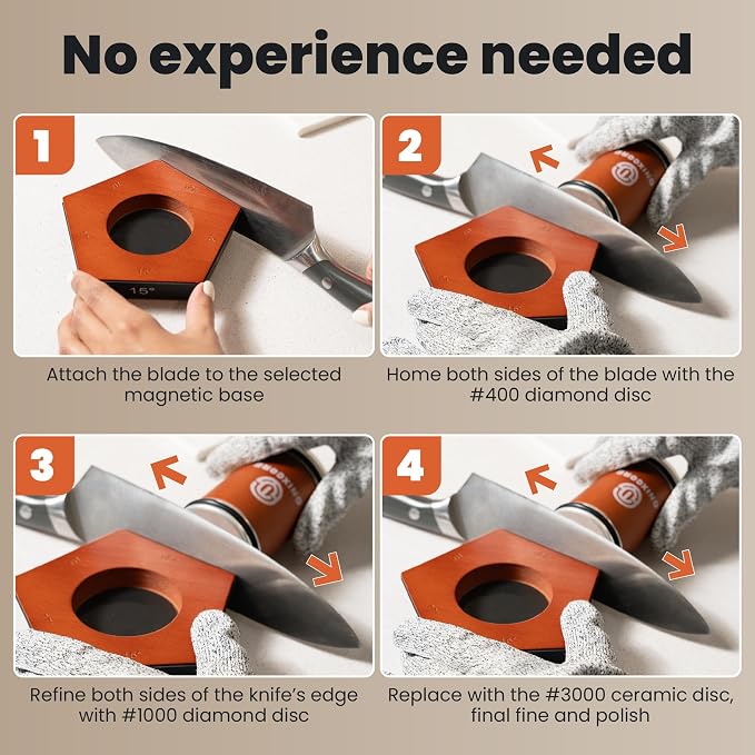 Rolling Knife Sharpener Kit, 5-Angle Magnetic Knife Sharpener Roller with 4 Diamond & Ceramic Discs, Gloves Included, Manual Guided Knife Sharpening Kit for Kitchen, Japanese, Pocket & Hunting Knives