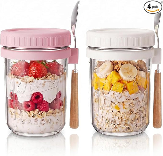 16oz - 2 Pack Overnight Oats Jars with Lids and Spoon, Overnight Oats Container with Lids, Airtigh Oatmeal Containers with Measurement Marks, Wide Mouth Mason Jars for Salad, Cereal - Pink & White